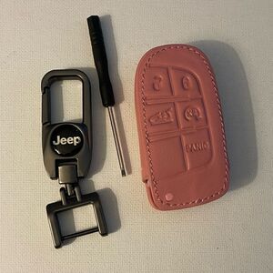 Jeep Key Fob Keychain in Metal & Fob Case Cover in Pink Leather NWT
